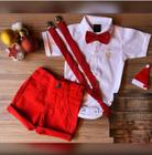 Roupa Menino Infantil Natal Body Manga Curta Branco Bermuda Vermelho Suspensório e Gravata Vermelho