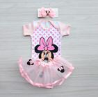 Roupa Minnie Kit Body Fantasia Mesversario 3 Pçs Com Laço