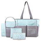 Saco de fraldas Tote 5 Peças Com Sol, Lua e Estrelas, Lenços de Bolso, Bolsa de Fraldas Sujas, Almofada de Troca (Cinza/Aqua)