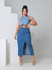 Saia Jeans Feminina Midi Secretária Detalhe na Costura Ref: 0022