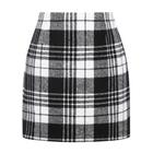 Saia lápis Kinghua, preta, branca, lã de tartan, xadrez, feminina