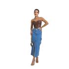 Saia midi cargo jeans cintura alta com fenda