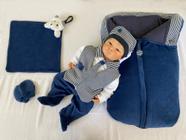 Saída Maternidade Menino Inverno Plush Azul E Branco com Gravata Colete e Naninha - Pitu baby