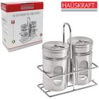 Saleiro/pimenteiro de mesa de vidro/inox com 2 peças 100ml + suporte aramado hauskraft