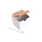 Saleiro Porta Sal Saleira de Mesa em Cerâmica com Tampa de Bambu Colher Bianco Branco 9x9x8,5cm Lyor