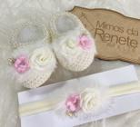 Sapatinho com Tiara Flores e Pompom Off White e Rosa Bebê Recém Nascido Confortável Moda Infantil Menina Feminino