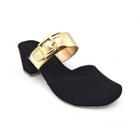 Sapato Feminino Mule Estilo Tamanco Feminino Salto Bloco com Enfeite Fivela Dourada