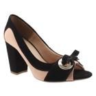 Sapato Peep Toe Salto Alto Grosso Bloco Caramelo com Preto