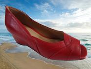 Sapato peep-toe, salto Anabela 4 cms, detalhe recorte e costura cores: scarlet e tan