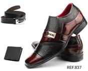 Sapato Social Masculino Preto com Bordô Super Confortável Kit + Carteira e Cinto