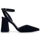 Scarpin Feminino Preto Veludo Salto Bloco Grosso Fivela