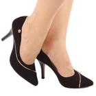 Scarpin Preto Salto Fino 8cm Elegante Nobuck Filete Dourado