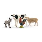 Schleich Farm Animal Toys and Playsets - Farm World 4 Piece Starter Set com estatueta de vaca, galo, ovelha e burro, figuras de ação agrícola e acessórios para crianças de 3 anos ou mais