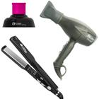 Secador Cabelo Pro 2540w Lion 220v Cinza + Prancha Tittan 500 Lion 250 Preto + Difusor Pink