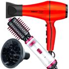 Secador De Cabelo Taiff 2000w Ions Profissional Ar Quente Frio Vermelho Com Difusor Cachos Escova Rotativa Gama Italy 2300 Giratoria