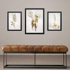 Set 3 Quadros Florais Branco Com Dourado - Com Vidro