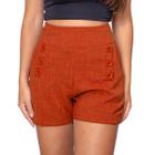 Short Bermuda Feminino Alfaiataria Linho Social Com Botões