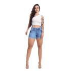 Short Feminino Jeans Com Licra Cintura Alta Desfiado Curto Azul Diversos 1