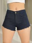 Short Feminino Jeans Curto Escuro Premium desfiado cintura alta lycra/elastano Básico