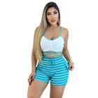 Short Feminino Malha Azul Listrado AJustável com Top