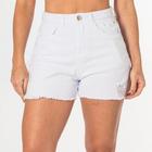 Short Jeans Feminino Branco Desfiado Cintura Alta Casual