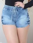 Short Jeans Feminino Cintura Alta Com Elástico Bolsos