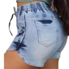 Short Jeans Feminino Cintura Alta Com Elástico Bolsos