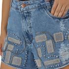 Short Jeans Feminino com Strass e Bordado Manual Prata