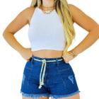 Short Jeans Feminino Sky Direto Claro Com Cordão Cintura Alta Cós Alto Barra Dobrada da Moda