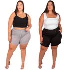 Short Malha Crepe Feminino Plus Size Moda Social Elegante E Short Canelado Cordão Elásitco Na Cintura Alta