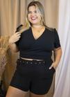 Short Preto Plus Size Cinto Cintura Alta com Elastano