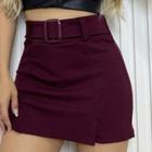 Short saia em crepe com cinto fixo fivela quadrada feminino