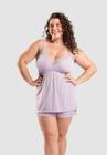 Shortdoll Plus Size Em Liganete Com Renda No Decote E No Short Lavanda