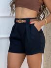 Shorts bermudas feminina alfaiataria preto com cinto e bolsos laterais