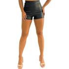 shorts feminino curto de material sintético PU com fechamento em ziper na lateral