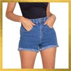 Shorts Jeans Feminino Cintura Alta com Elastano e barra com dobra desfiada