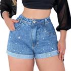 Shorts Jeans feminino Com Brilho Pedras Barra dobrada