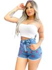 Shorts Jeans Lycra cintura alta Bordado curto Sal e Pimenta