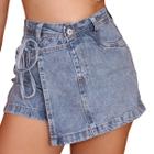 Shorts saia Jeans feminino cintura alta com detalhe de laço
