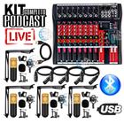 Sistema Podcast Kit Profissional Mesa de Som 08 Canais BT + 4 Microfones Condensador