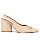 Slingback Bege Salto Alto Couro Detalhe Fivelas