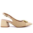 Slingback Bege Salto Bloco Tecido Texturizado Enfeite