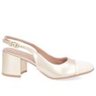 Slingback Dourado Bege Salto Bloco Couro