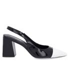 Slingback Preto Branco Salto Bloco Couro Bico Fino