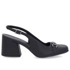 Slingback Preto Salto Bloco Couro Enfeite