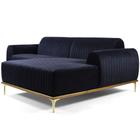 Sofá 03 Lugares 230 cm Chaise Esquerdo Molino Base Madeira Pés Gold Suede Azul Marinho - CasaePoltrona