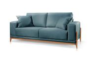 Sofá 2 Lugares Linho Azul almofada solta base madeira sala tv escritorio hall bellagio 1,9m