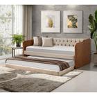 Sofá Cama Luxury com Cama Auxiliar Estofado Capitonê Linho Bege e Tecido Sintético - Marrom