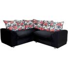 Sofa de Canto 5 Lugares Toronto Almofadas Soltas Floridas Tecido Suede Preto