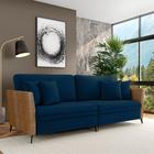 Sofá Living Decorativo Zagreb 3 Lugares 242cm com Almofadas Pés de Ferro Veludo/PU Azul/Caramelo G33 - Gran Belo